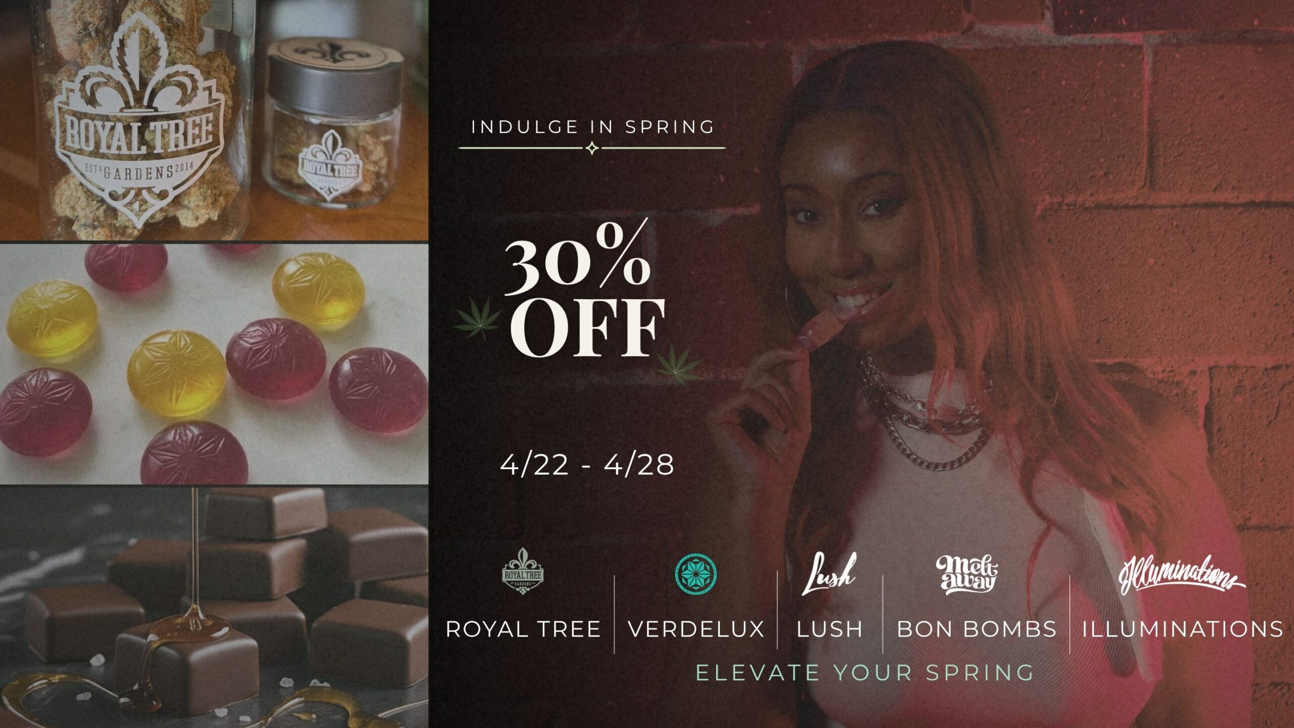 30% off cannabis sale at Lux Pot Shop Seattle. All products from Royal Tree, Verdelux, Lush, Bon Bombs, and Illuminations on sale 4.22 - 4.28.26.