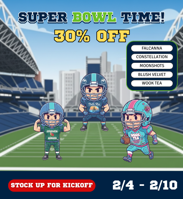 30% OFF Seattle Cannabis Sale at Lux Pot Shop - Falcanna, Constellation, Moonshots, Blush Velvet, and Wook Tea. 2/4/26 - 2/10/26