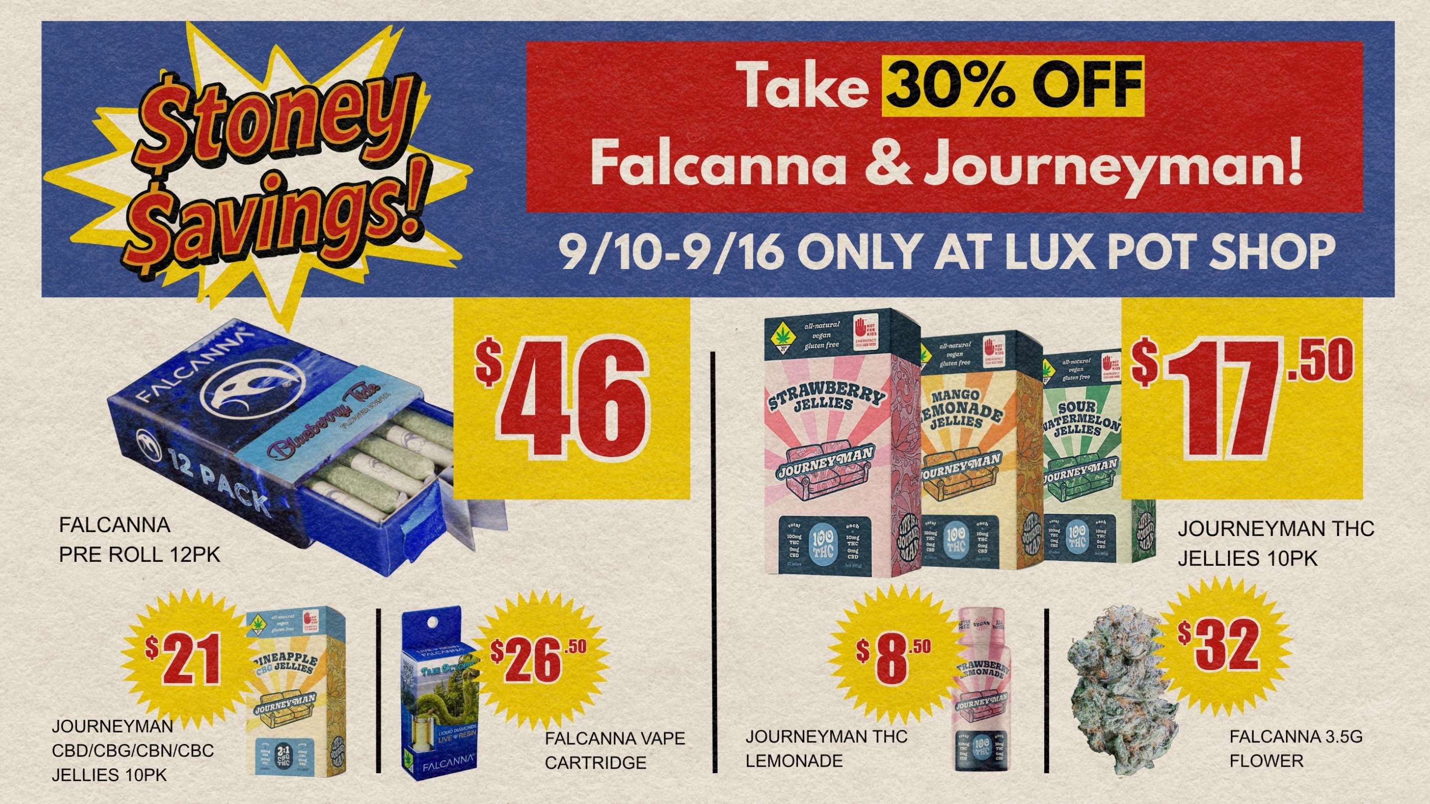 Take 30% off all Falcanna and Journeyman, September 10th through September 16th