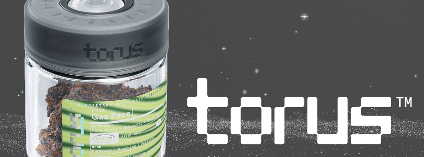 The torus logo with a close cropped photo of a 3.5g Torus jar