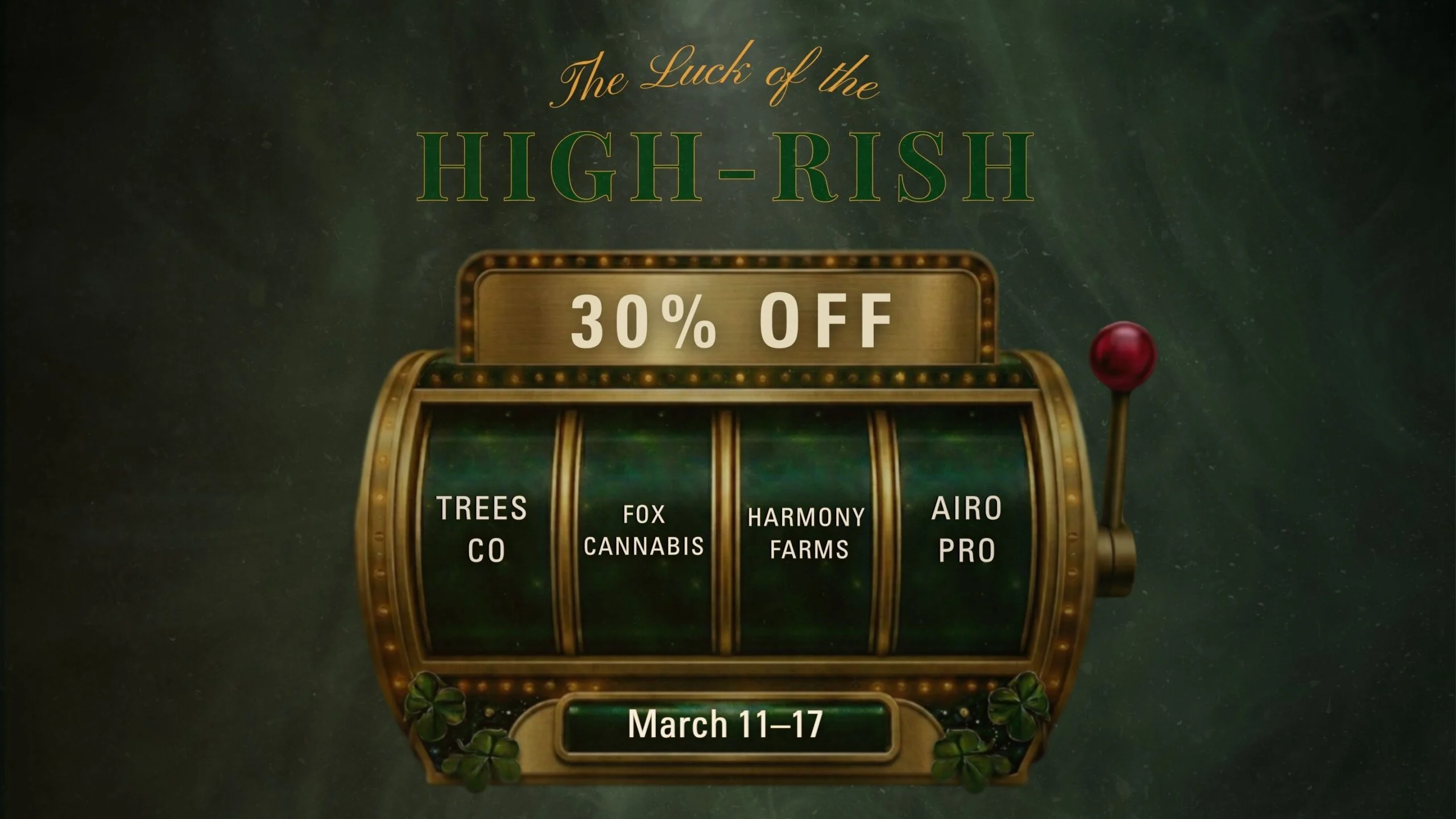 Seattle Cannabis sale at Lux Pot Shop. 30% off Trees Co, Fox Cannabis, Harmony Farms, AiroPro. 3/11/26 - 3/17/26