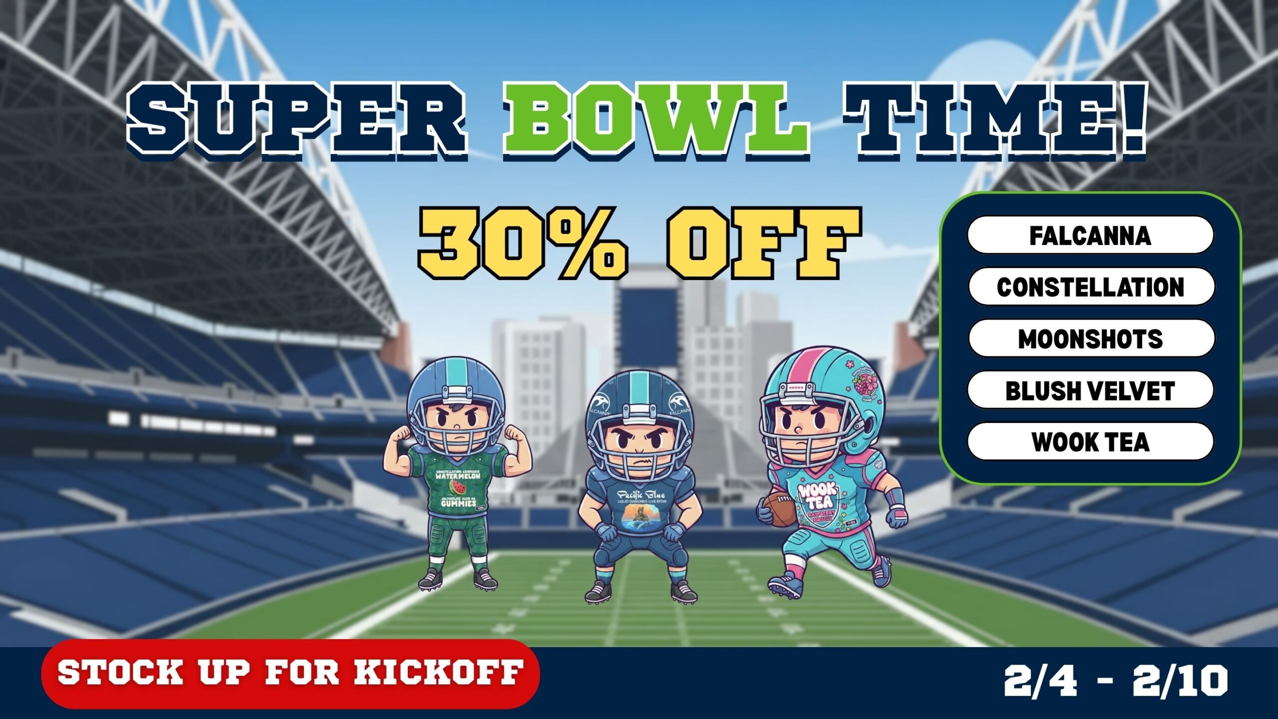 30% OFF Seattle Cannabis Sale at Lux Pot Shop - Falcanna, Constellation, Moonshots, Blush Velvet, and Wook Tea. 2/4/26 - 2/10/26