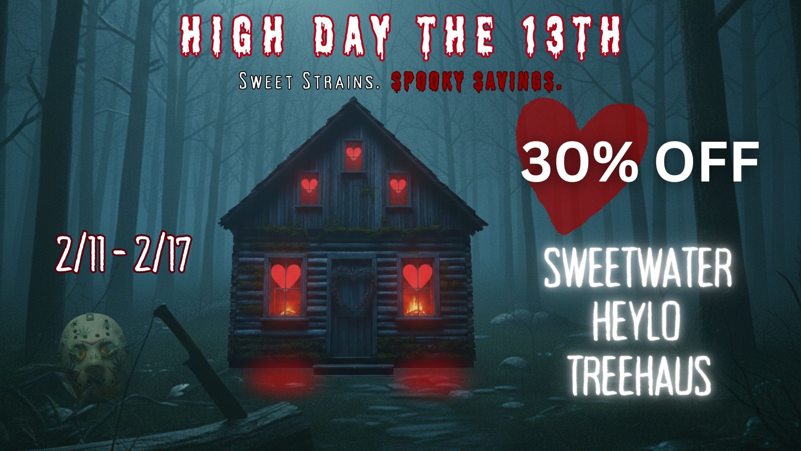 30% Off Cannabis sale at Lux Pot Shop Seattle all Sweetwater Farms, Heylo, and Treehaus products in stores and online 2/11/26 through 2/17/26.