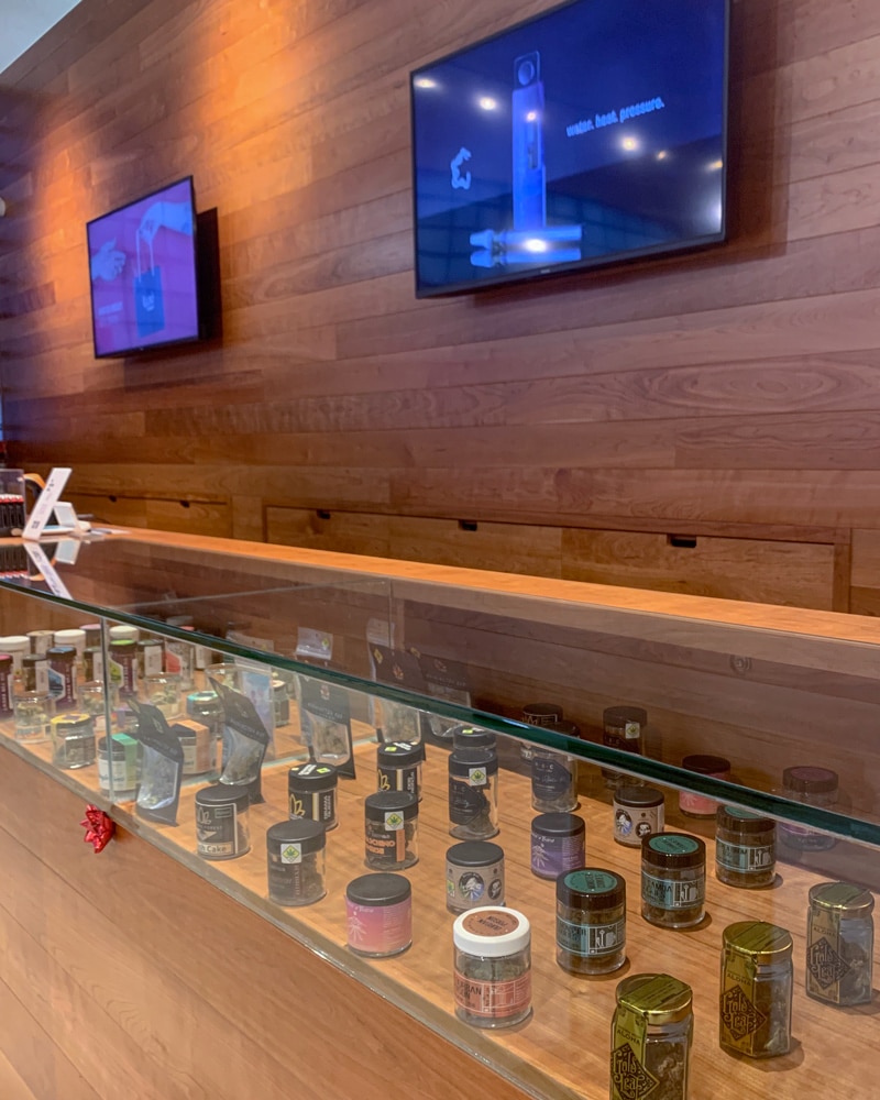 Display cases with Cannabis products in Seattle