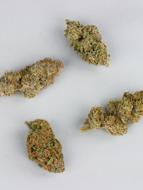 cannabis flower arranged on gray backdrop