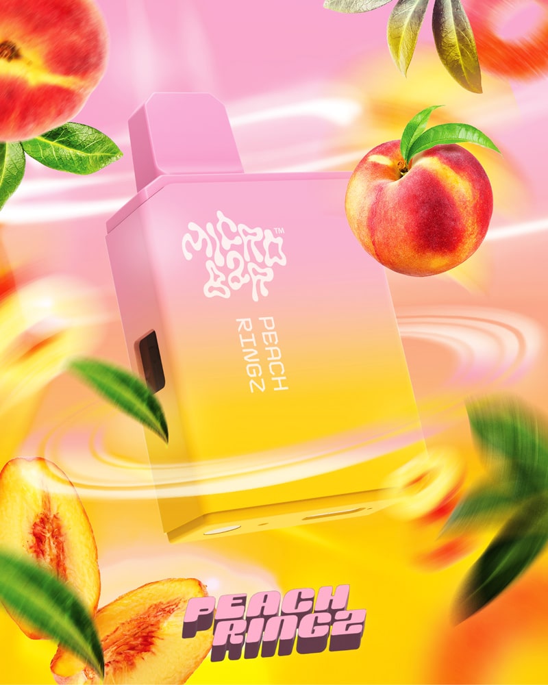 A Peach Ringz Micro Bar, surrounded by illustrations of peaches and a snake of vapor.